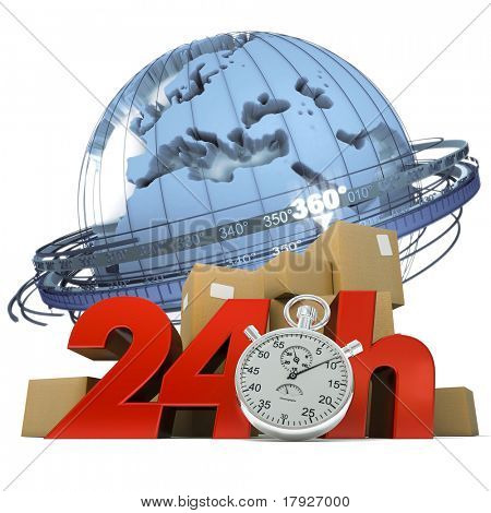 3D vykreslování na zemi hromadu krabic a slova 24Hrs a chronometr