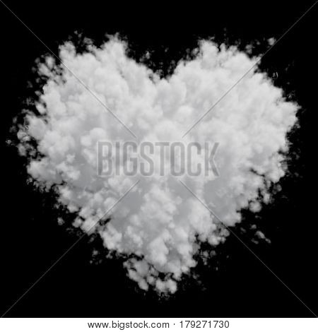 White heart shaped cloud isolated on black background. 3D illustration. Apply to any image in screen mode.