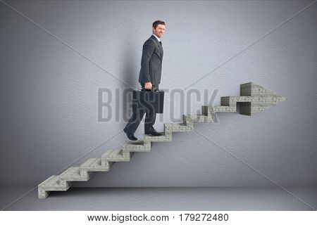 Digital composite of Business man walking on 3d stairs with arrow