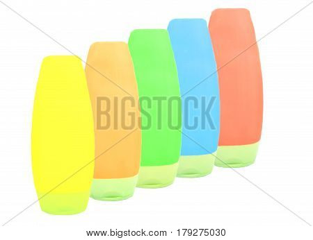 bottles of shampoo and shower gel cosmetic set