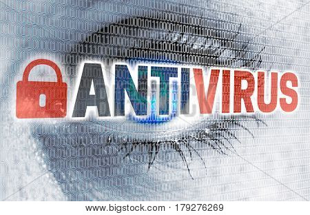 Antivirus eye with matrix looks at viewer concept.