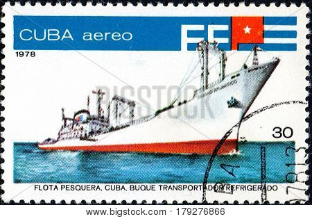 UKRAINE - CIRCA 2017: A postage stamp printed in Cuba shows fish factory ship Oceano Atlantico series Fishing Fleet circa 1978