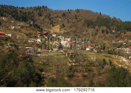 Sliding Village Ropoto And Church After A Landslide In Greece