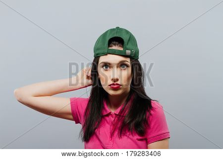 Woman Confidence Self Esteem Portrait Concept. gray background