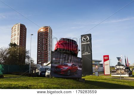Prague, Czech Republic - March 31: Mazda 3 Car In Front Of Dealership Building On March 31, 2017 In