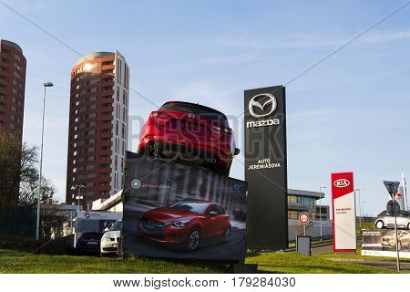 Prague, Czech Republic - March 31: Mazda 3 Car In Front Of Dealership Building On March 31, 2017 In