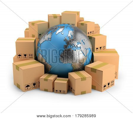 Globe surrounded by cardboard boxes. 3d image. White background.