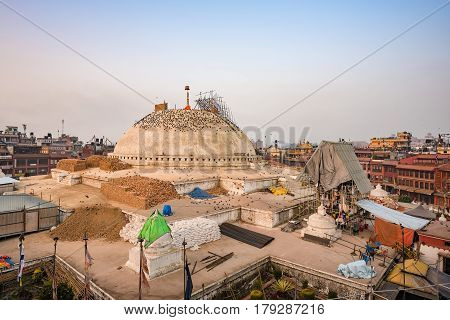 Kathmandu,nepal- Dec18, 2015: Boudhanath Stupa Structural Damages After The 7.8 Earthquake Hit Nepal
