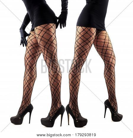 Sexy female legs in beautiful stylish stockings and high heels shoes black gloves and dress isolated on white background collage of two models