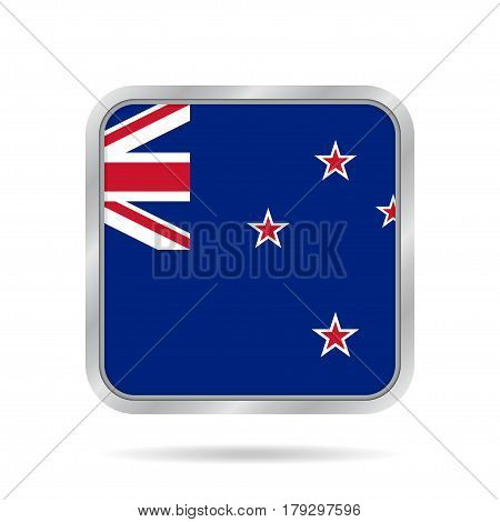 National flag of New Zealand. Shiny metallic gray square button with shadow.