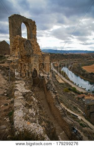Landscape with ruins of medieval castle Alcacaba of Zorita, Guadalajara, Castilla la Mancha, Spain