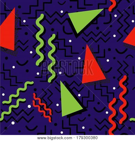 A funky seamless Memphis style design with complementary colors over midnight blue.
