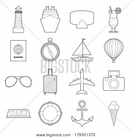 Set of modern travel symbols line art  icons  on white background vector illustration