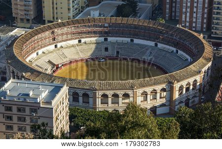 Aerial view at Malaga with Bullring of La Malagueta. Plaza de Toros de Ronda bullring in Malaga Spain