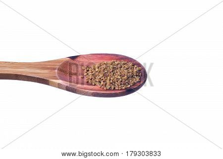 Fenugreek Seeds On A Brass Spoon Isolated On A White Background.