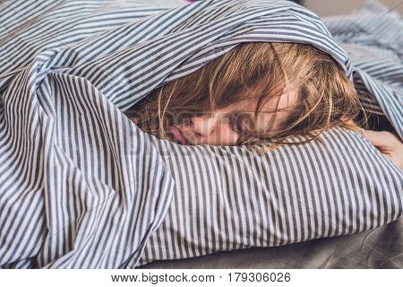 Beautiful Young Woman Lying Down In Bed And Sleeping. Do Not Get Enough Sleep Concept