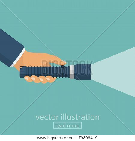 Hand holding flashlight. Web search concept. Vector illustration flat design. Isolated on background. Electric spotlight. Beam light. Press a finger on the button. Bright ray.