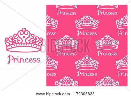 Princess Crown. Seamless repeating pattern. Diadem princess isolated on pink background. Vector illustration.