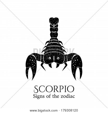 Signs of the zodiac. Scorpio hand draw. Black silhouette and white details. Vector illustration isolated on a white background.