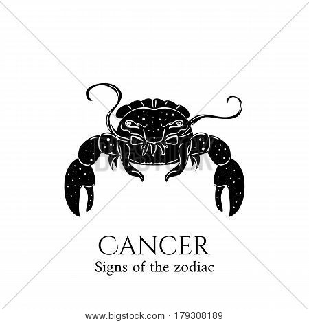 Signs of the zodiac. Cancer hand draw. Black silhouette and white details. Vector illustration isolated on a white background.