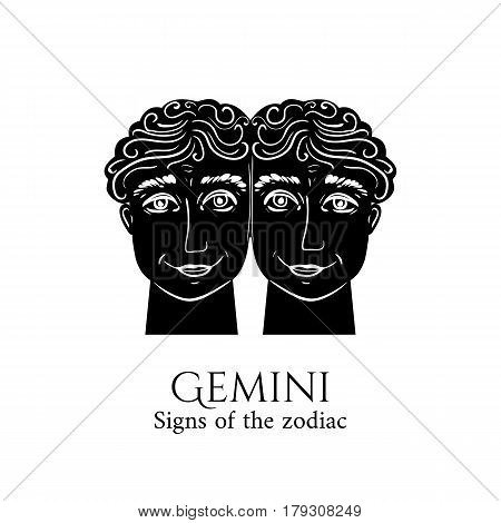 Signs of the zodiac. Gemini hand draw. Black silhouette and white details. Vector illustration isolated on a white background.