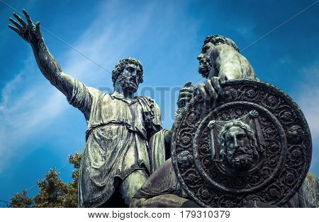 Monument to Minin and Pozharsky next to the Cathedral of Saint Basil and Kremlin on Red Square in Moscow, Russia