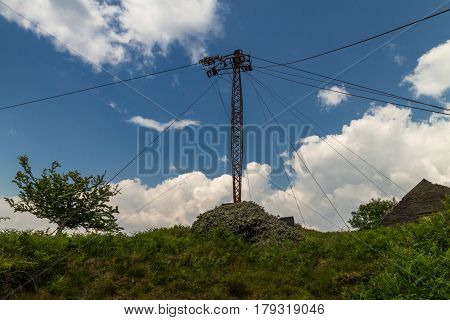 Overhead cableway or Blondin tower used in Welsh Slate industry