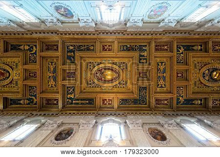 ROME - MAY 14, 2014: The ceiling of the Basilica di San Giovanni in Laterano (Papal Archbasilica of St. John Lateran) in Rome, Italy.This basilica is the most important in the Catholic world.