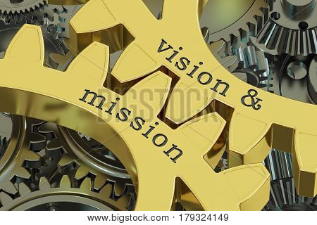 Vision & mission concept on the gearwheels 3D rendering