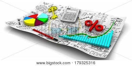 Charts of change data indicators electronic calculator a red pencil red symbol of percent round diagram gold key from house and glasses on the sheet of business sketches. Business still-life. Isolated. 3D Illustration