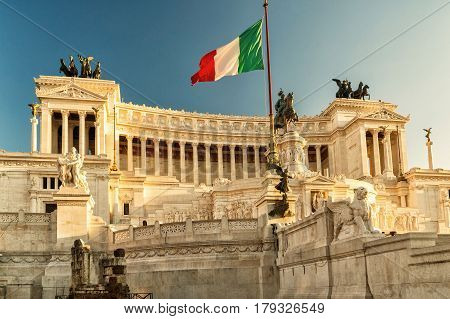 The Vittoriano building on the Piazza Venezia at sunset in Rome, Italy