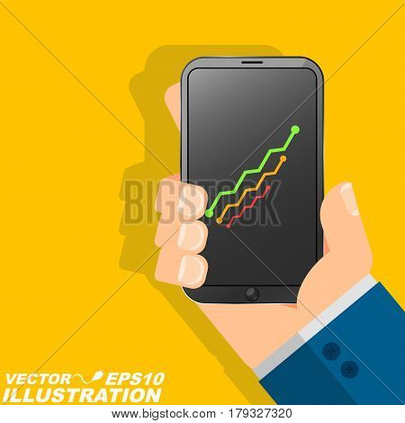 The man is holding the phone in his hand. A businessman and a successful person uses modern technology. Diagram with an arrow. Flat style
