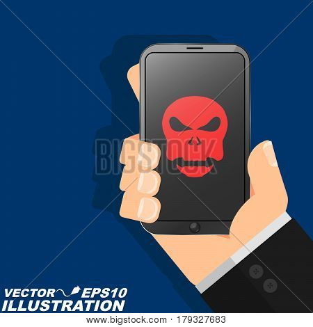 A man is holding a phone hacked in his hand. The red skull burns on the modern screen and indicates a serious danger. Illustration in a flat style