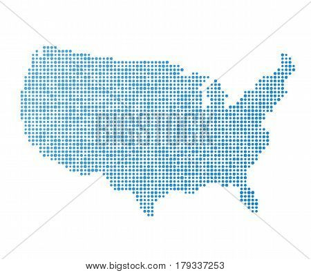 Stylized mainland USA map vector illustration in blue color abstract pixelated dot pattern.