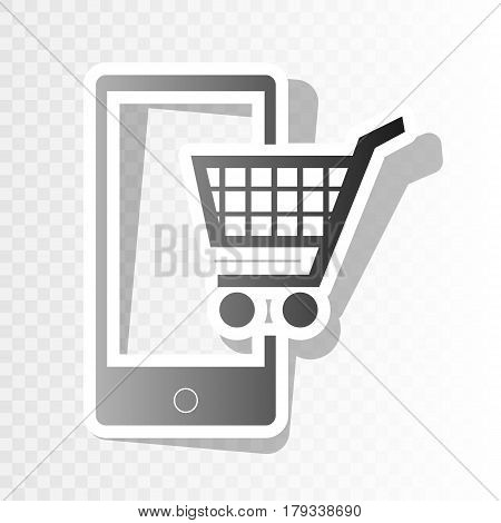 Shopping on smart phone sign. Vector. New year blackish icon on transparent background with transition.