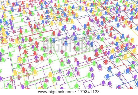 Crowd of small symbolic 3d figures linked by lines systems many colors isolated