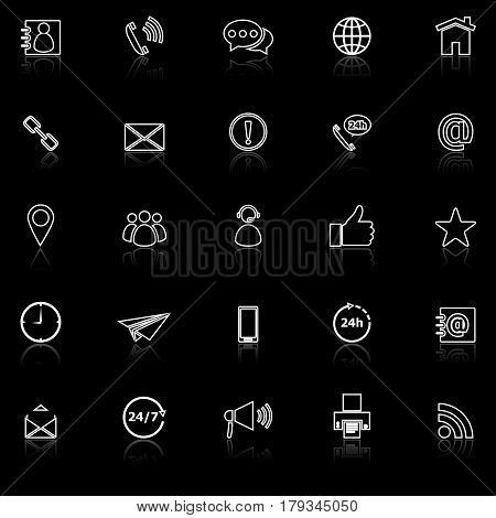Contact us line icons with reflect on black background, stock vector