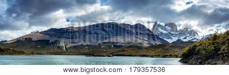 Panorama of Mount Fitz Roy in Patagonia in Argentina as seen from Laguna Capri on cloudy day