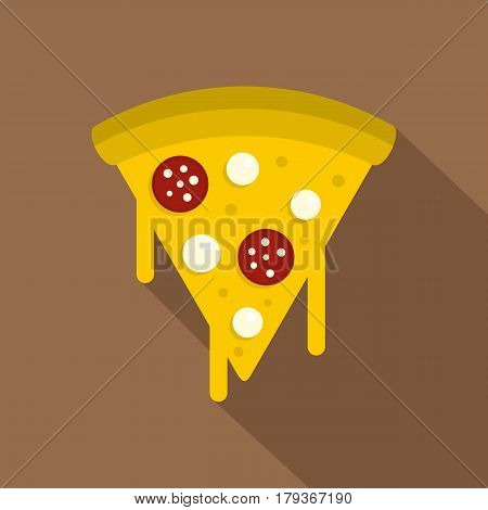 Tasty slice of pizza with salami and melted cheese icon. Flat illustration of tasty slice of pizza with salami and melted cheese vector icon for web isolated on coffee background