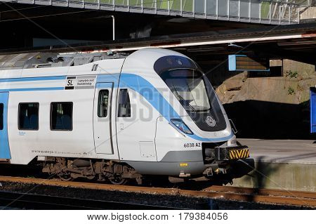 Alvsjo Sweden - July 10 2016: Commuter train class X60 in service for the Greater Stockholm Public Transport (SL) at Alvsjo station
