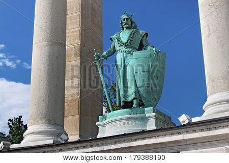 BUDAPEST, HUNGARY - AUGUST 08, 2012: Sculpture of king Charles Robert (Kiss Gyorgy 1905). As part of Millennium Monument on the Heroes Square. Charles I was King of Hungary from 1308 to his death.