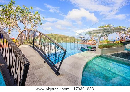 PHUKET THAILAND - JANUARY 22 2017: Scenery of swimming pool at Crest Resort and Pool Villas and Resorts is the latest luxury intimate gems an eco friendly resort Phuket island in Thailand.