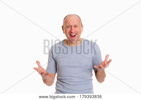 Baldheaded Man With Open Hands Looking Surprised