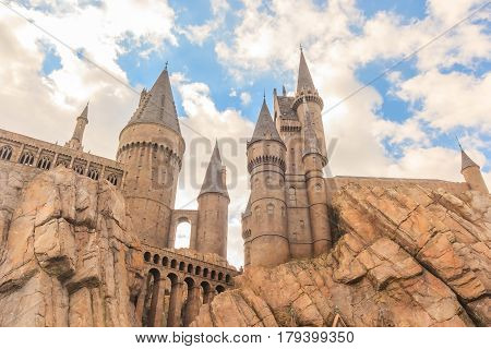 ORLANDO, USA - JANUARY 05, 2017: The Hogwarts Castle at Universal Studios Islands of Adventure. Universal Studios Orlando is a theme park in Orlando Florida USA.