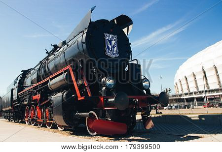 Poland, Poznań -march 26, 2017. Steam Locomotive With Logo Lech Poznan.