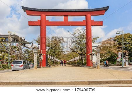 KAMAKURA JAPAN - April 14 2014: Tsurugaoka Hachimangu is Kamakura's most important shrine. The shrine is dedicated to Hachiman the patron god of the Minamoto family and of the samurai in general.