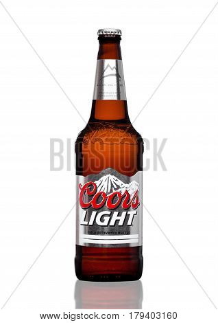 London,uk - March 30, 2017 : Bottle Of Coors Light Beer On White. Coors Operates A Brewery In Golden