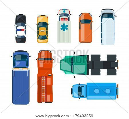 Realistic cars and trucks: police, taxi, emergency, fire service, truckers, mail, gazelle, watering, tow truck, top view Vector illustration Can be used in banners brochures design