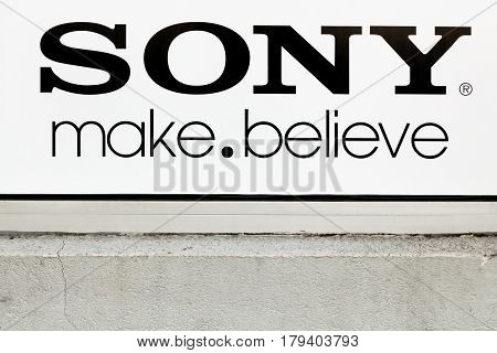 Villefranche, France - March 13, 2017: Sony logo on a wall. Sony is a Japanese multinational conglomerate corporation that is headquartered in Konan, Japan