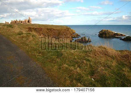 Track leading to Slains Castle, by the North Sea, inspiration for Dracula